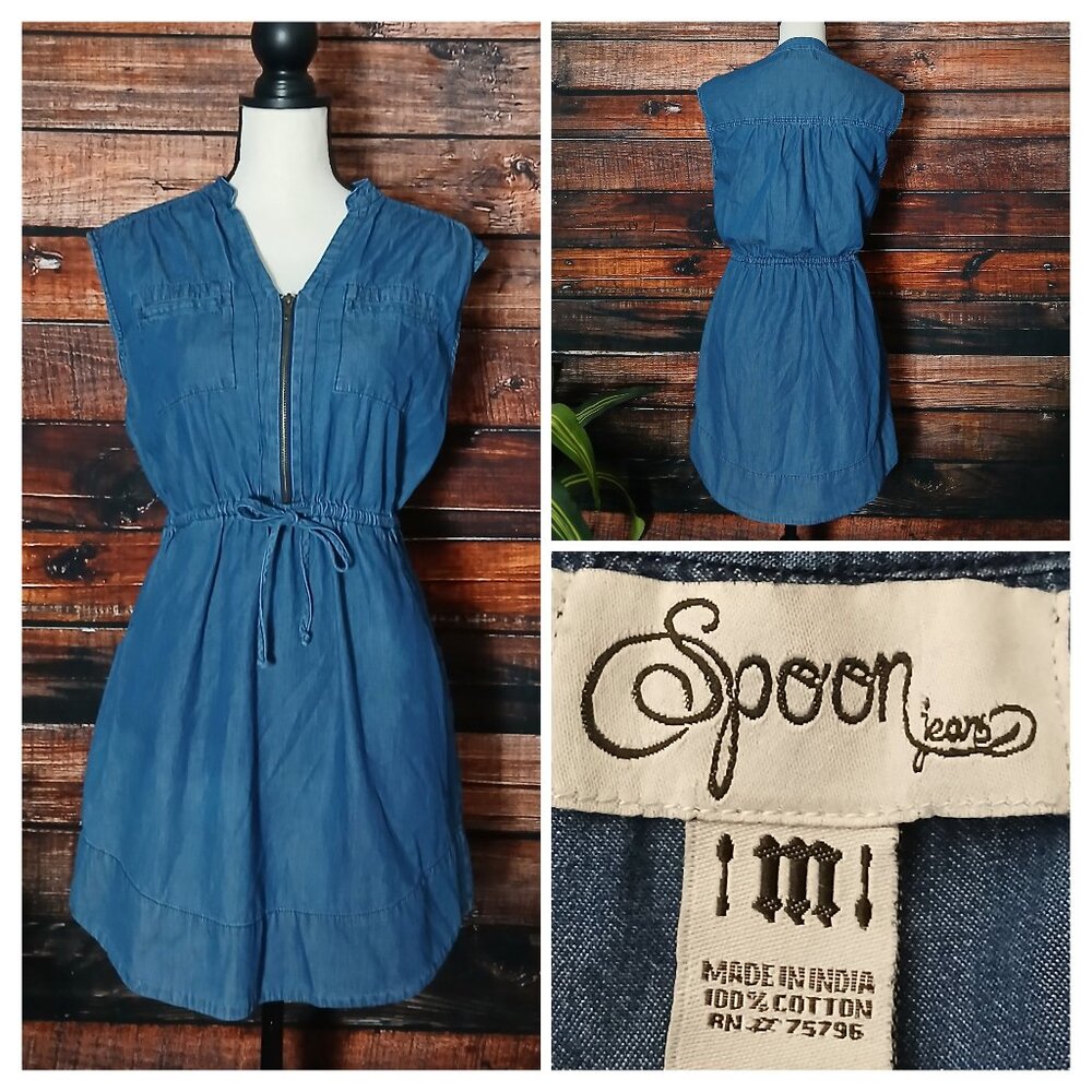Spoon Jeans Dress M Blue Denim Zip Front Pockets 100% Cotton